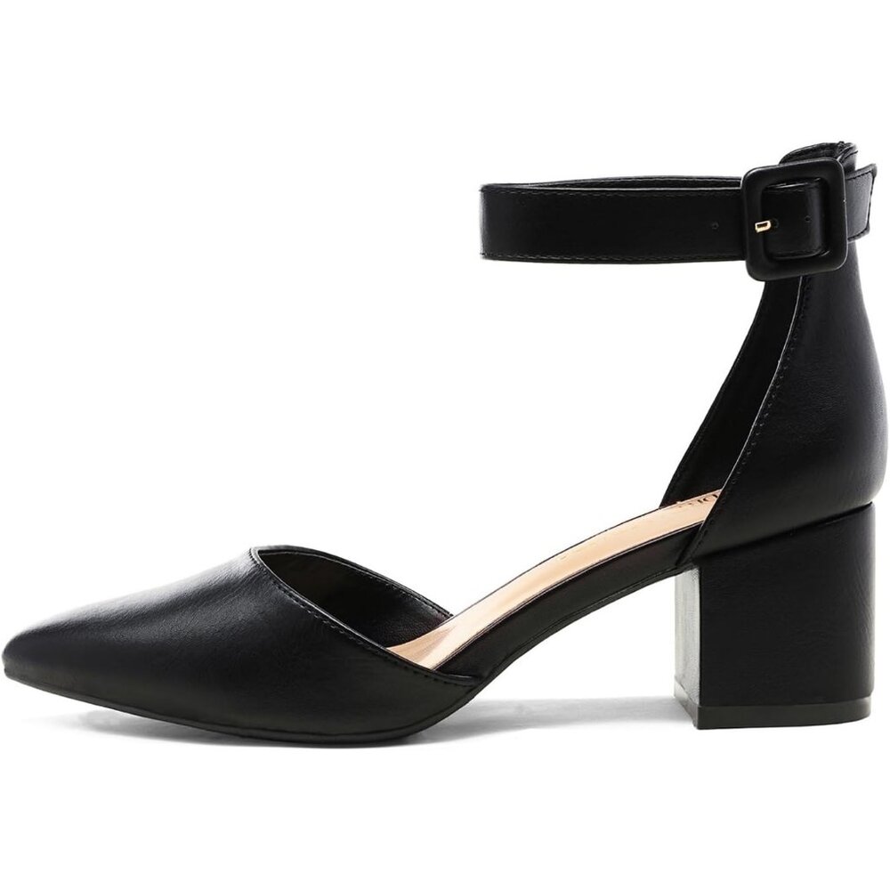 Women's Black Pointed Toe Heels with Ankle Strap and 2.25 Inches Block Heel - Picture 5 of 6